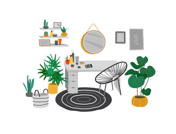 Interior de estilo escandinavo ou escandinavo com um espelho e uma mesa cosmética. Interior acolhedor com plantas de casa. Desenho à mão desenho cartoon vector — Vetor de Stock