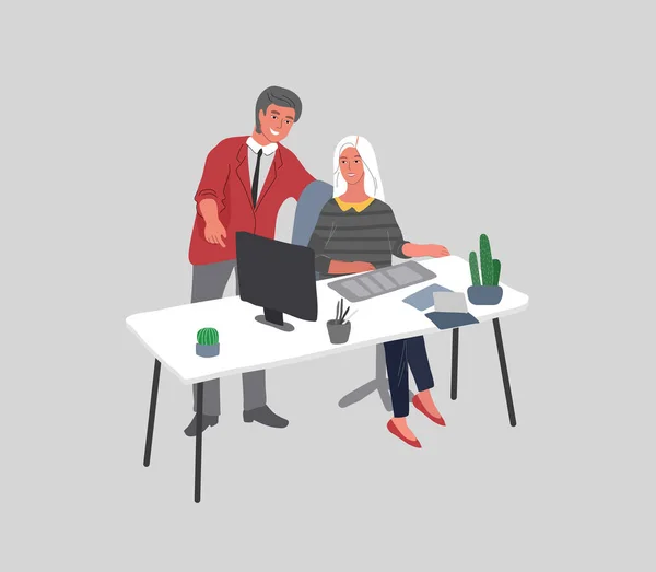 Intérieur du bureau avec des travailleurs communiquant ou parlant au client ou conversations entre le patron et la formation des stagiaires. Illustration de concept de dessin animé vectoriel pour entreprise, finance, couverture — Image vectorielle