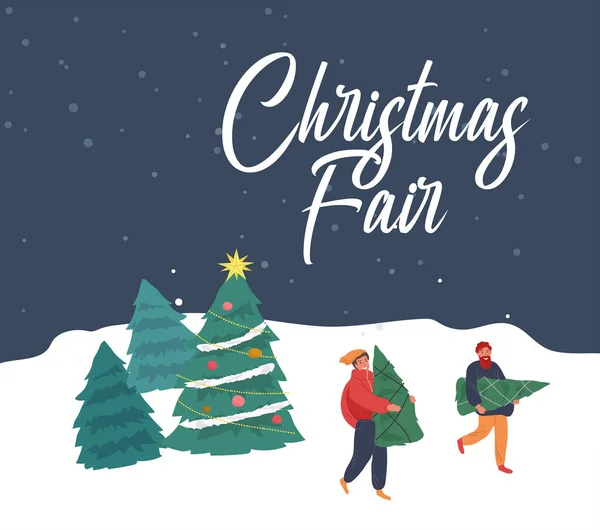 Christmas holiday greeting card with people in winter clothes who carry tree. New Year card with snowy cityscape. Winter landscape with festive typography. Vector cartoon — Διανυσματικό Αρχείο