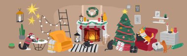 Evcil hayvanlarla Noel süsleri. Noel kostümleri giymiş şirin kedi ve köpeklerle İskandinav iç mimarisi. Sıcak kış tatili sezonu. Hygge 'de illüstrasyon ve yeni yıl tipografisi