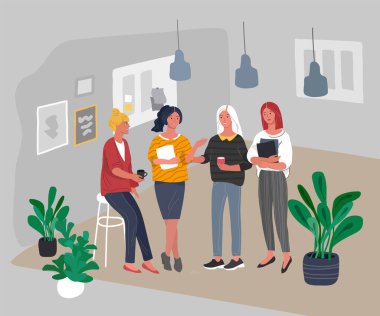 Ofis ya da iş yerinde çalışan kadın işçilerle iletişim ya da konuşma. Bir grup genç kız işte ya da takım çalışması toplantısında fren yapıyor. Başarılı takım toplantısı. Vektör karikatürü