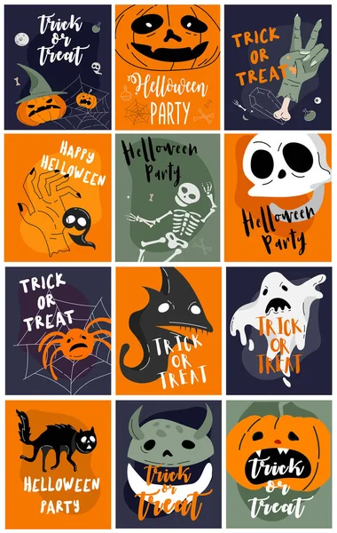 Halloween bakgrunder samling. Helloween gratulationskort och affisch, fest tecken. Begreppet illustration med tecken och symbol. Platt design tecknad film — Stock vektor