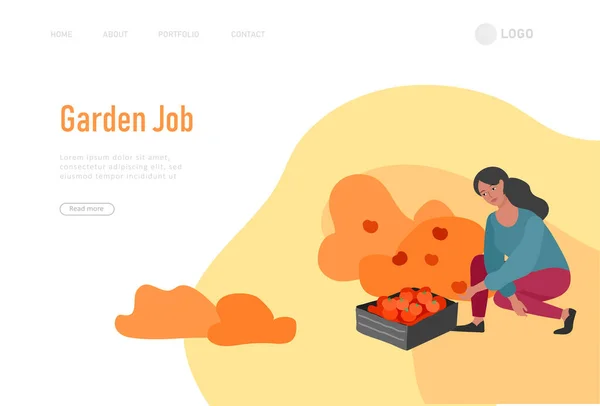 Landningssida mall med människor som samlar grödor eller säsongsskörd, samla mogna grönsaker. Män, kvinnor arbetar på en gård. Jordbruksarbetare på hösten. Tecknad vektor — Stock vektor