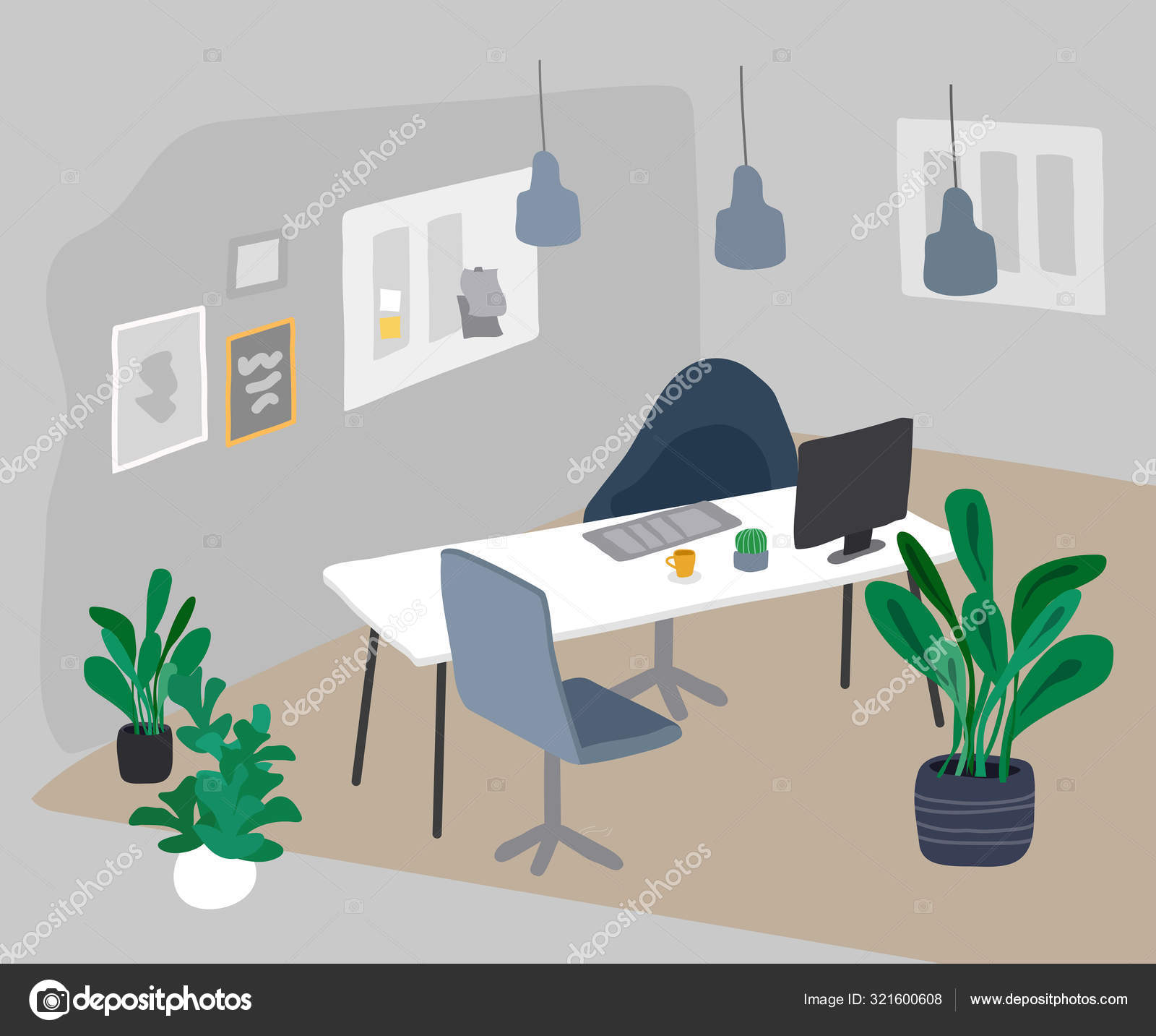 Office With Houseplants Vector Illustration Coworking Workspace