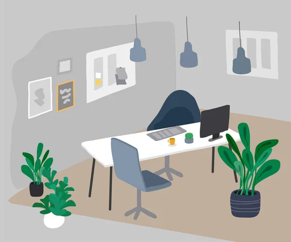 가지고 있는 가정용 식물 벡터 삽화. 함께 작업하는 작업 공간 인테리어 디자인은 노르딕식이나 스칸디나비아식으로 설계된다. 노동자들은 의자를 굴리며 책상을 치운다. 노트북 과 분무기 — 스톡 벡터