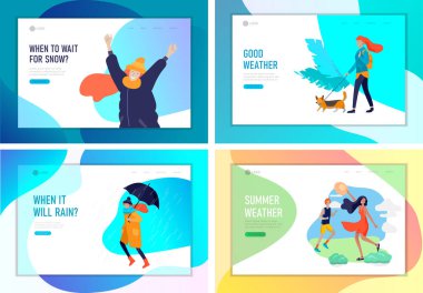 Hava tahmini için iniş sayfası şablonu. İnsanlar çeşitli hava koşullarında, mevsimlik giysiler içinde yağmur, kar ve yaz sıcağında sokaklarda yürümekten hoşlanırlar. Vektör karikatürü