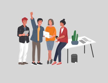 Ofis ya da iş arkadaşları iletişim kuruyor. Bir grup trend genç iş yerinde ya da takım çalışması toplantısında fren yapıyor. İş yerinde şirket kurmak. Vektör karikatürü