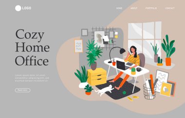 İskandinav tarzı ev ofisinde kedisiyle çalışan Freelancer tasarımcı kızla iniş sayfası şablonu. Günlük hayat ve günlük rutin sahne İskandinav tarzı rahat iç mekanlı genç bir kadının. Çizgi film sesi