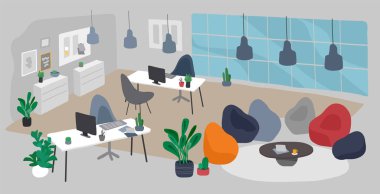 Ev bitkileri vektör illüstrasyonlu ofis. Ortak çalışma alanı iç tasarımı İskandinav tarzı veya İskandinav tarzı. Yuvarlanan sandalyeli işçi masaları. Laptoplar ve saksılar