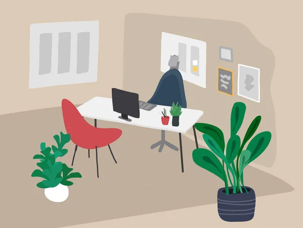 가지고 있는 가정용 식물 벡터 삽화. 함께 작업하는 작업 공간 인테리어 디자인은 노르딕식이나 스칸디나비아식으로 설계된다. 노동자들은 의자를 굴리며 책상을 치운다. 노트북 과 분무기 — 스톡 벡터