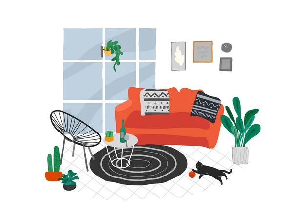 Dívka sedí a odpočívá na gauči s kočkou a kávou. Denní život a každodenní rutinní scéna mladé ženy ve skandinávském stylu útulný interiér s homeplants. Kreslený vektor — Stockový vektor