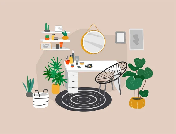 Scandinavian or Scandinavian style interior with a mirror and a cosmetic table. Cozy interior with home plants. Hand drawing cartoon vector — 图库矢量图片