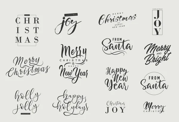 Poster ve tebrik kartı için tipografik kompozisyonlar içeren mutlu noeller ve mutlu yeni yıl seti. Kış tatili için el yazısı. Vektör — Stok Vektör