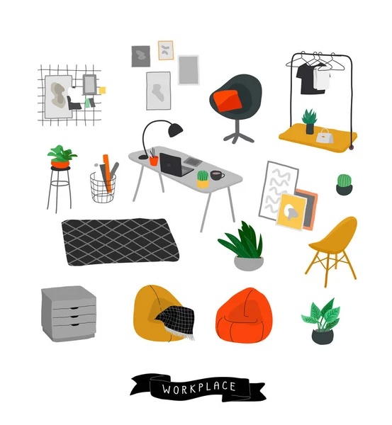 Set for workplace or home office with stylish comfy furniture and modern home decorations in trendy Scandinavian or hygge style. Cozy Interior furnished home plants. Flat cartoon vector — Stock Vector