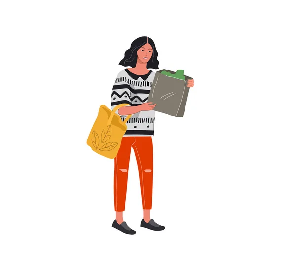 Conjunto de menina bonita em cenas da vida diária. Jovem mulher compras escolhe roupas comida saudável. vector cartoon plano —  Vetores de Stock