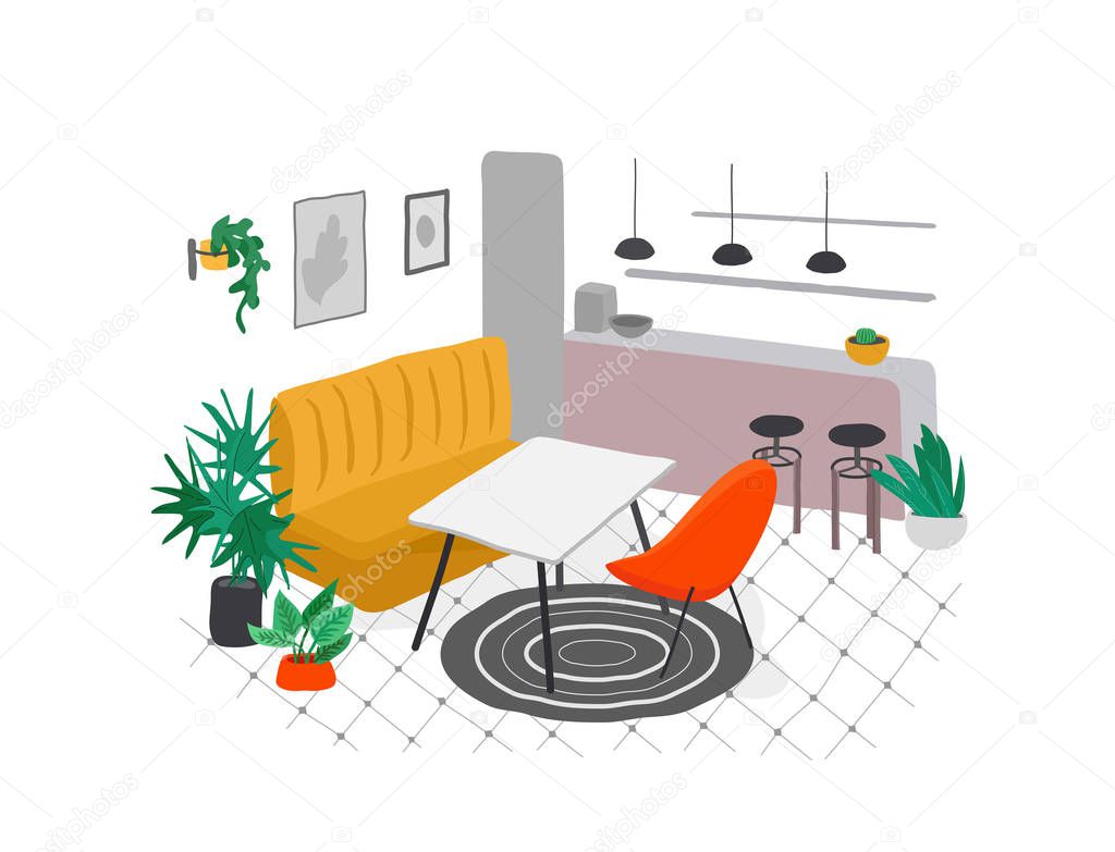 Scandinavian or Nordic style kitchen interior. Hand drawing scandinavian, style cozy interior with homeplants. Cartoon