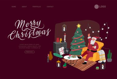 İniş sayfası şablonu ya da Noel Baba ve evcil hayvanlarla süslenmiş Noel kartı. İskandinav iç mimarisi, kedi, kostüm giymiş köpek. Hygge 'de illüstrasyon ve yeni yıl tipografisi