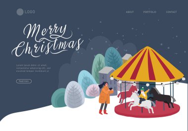 Noel ve yeni yıl panayırının iniş sayfası. Kışın mutlu bir aileyle. Anne, kızının midilli atlıkarıncaya binerken fotoğrafını çekiyor. Kış şenliği izole edilmiş Vektör çizgi filmi