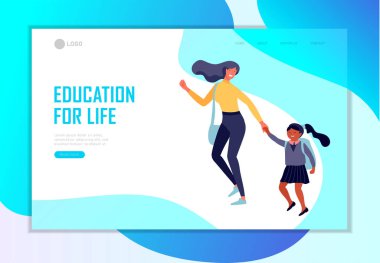 Okula Düz Vektör Çizimi ile sayfa şablonu indiriliyor. Ergen ve ergen okul çocukları. Çocuklu aileler, okul arkadaşları, çizgi film karakterleri. Okullu çocuklar ve...