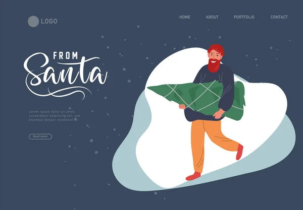 Landing page template with Christmas holiday outdoor fair or street market on town square. Χαρακτήρες άνθρωπος με τα πόδια με χριστουγεννιάτικο δέντρο. Νέο έτος διακοπών — Διανυσματικό Αρχείο