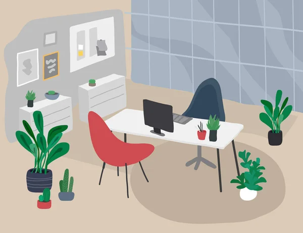 Ufficio con piante d'appartamento vettoriale illustrazione. Spaccio da lavoro da cova — Vettoriale Stock