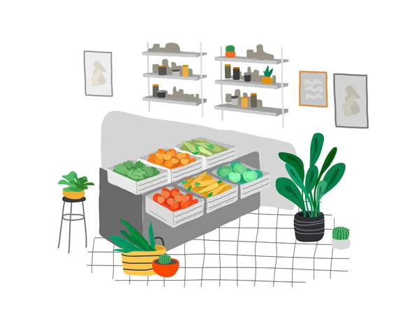 Eco food verde saudável em uma loja ou mercado. Estilo escandinavo interior acolhedor com homeplants. Desenhos animados ilustração vetorial —  Vetores de Stock