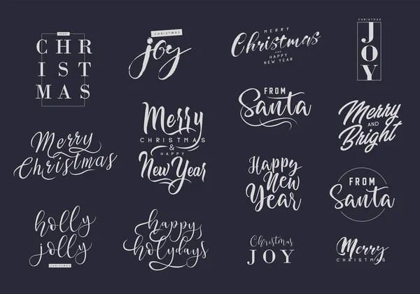 Merry Christmas and happy New Year set with lettering typographic compositions for the poster and greeting card. Calligraphy for winter holiday. Vector — Stock Vector