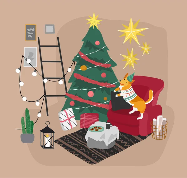 Decoraciones de Navidad para el hogar con mascotas. Interior escandinavo con — Archivo Imágenes Vectoriales