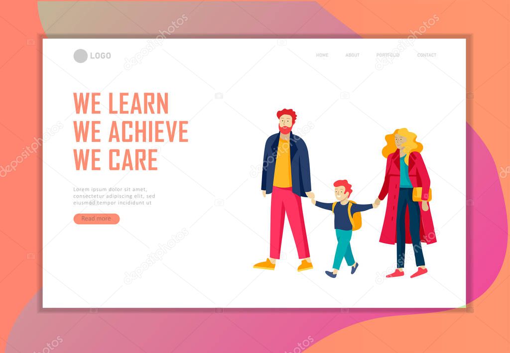 Landing page template with Back to school flat vector illustration. Preteen and teenage schoolkids. Parents with kids, schoolmates, friends cartoon characters. Schoolboys and