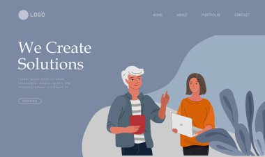 Ofis çalışanlarıyla iletişim kuran, ya da müşteriyle konuşan ya da takım çalışması ya da toplantı arasındaki konuşmalar, beyin fırtınası yapan Business Landing sayfa şablonu. Vektör çizgi film konsepti çizimi