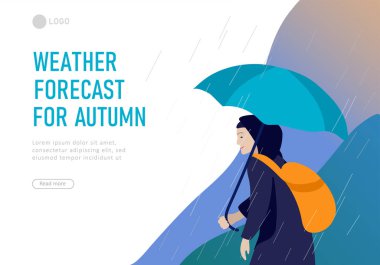 Landing page template for weather forecast. Various stylish people character go on street under umbrellas in warm clothes. Autumn rainy weather. Colored trendy cartoon vector