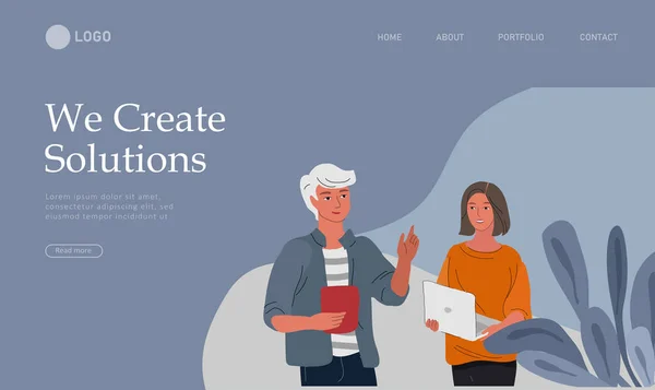 Шаблон страницы бизнес-посадки с офисными работниками, общающимися или разговаривающими с клиентом или беседами между командной работой или встречей, мозговым штурмом. Векторная иллюстрация — стоковый вектор