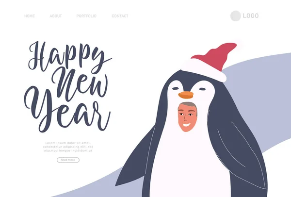 Landing page template with Christmas and New Year φωτογραφία πορτρέτο πιγκουίνου. Μητέρα πατέρας με παιδιά με εμψυχωτή με Χριστουγεννιάτικη στολή. Διάνυσμα καρτούν — Διανυσματικό Αρχείο