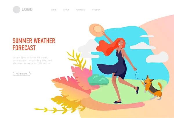 Landing page template for weather forecast. Various stylish girl with her dog character go outdoor on street in summer clothes. Summer hot sunny weather. Colored trendy — Stock vektor