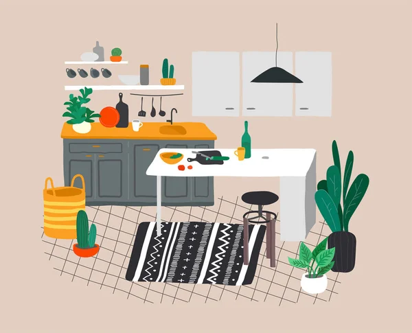 Skandinavischen oder nordischen Stil Kücheneinrichtung. Handzeichnung skandinavischen, gemütlichen Interieur mit Homeplants. Karikatur — Stockvektor