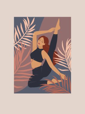 Kadınsı bir kavram. Yoga pozları veren tatlı bir kız. Genç bir kadının yaşam tarzı. Kadınlık, güzellik ve akıl sağlığıyla moda illüstrasyonu. Vektör karikatürü