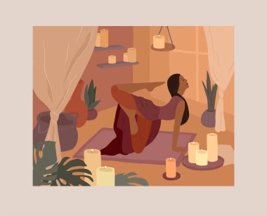 Yoga pozları veren tatlı bir kız. Ev bitkileriyle iç mekanlarda yaşayan genç bir kadının yaşam tarzı. Kadınlık, güzellik ve akıl sağlığıyla moda illüstrasyonu. Kadınsı çizgi film