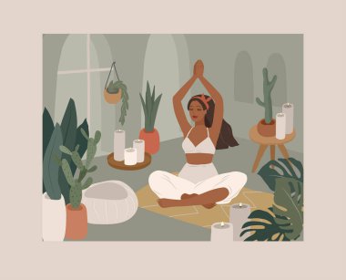 Yoga pozları veren tatlı bir kız. Ev bitkileriyle iç mekanlarda yaşayan genç bir kadının yaşam tarzı. Kadınlık, güzellik ve akıl sağlığıyla moda illüstrasyonu. Kadınsı çizgi film