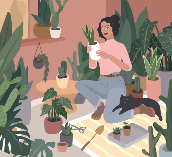 Flicka som tar hand om krukväxter i urban hemträdgård med katt. Vardagen och vardagen av en ung kvinna i skandinavisk, mysig inredning med hemmaväxter. Tecknad vektor — Stock vektor