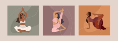 Kadınsı bir kavram. Yoga pozları veren tatlı bir kız. Genç bir kadının yaşam tarzı. Kadınlık, güzellik ve akıl sağlığıyla moda illüstrasyonu. Vektör karikatürü