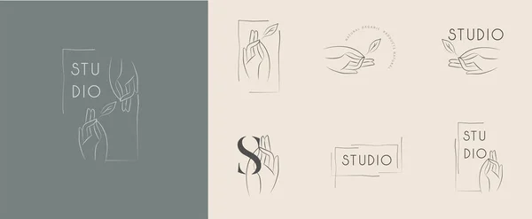 流行の線形最小限のスタイルでロゴデザインテンプレート。ベクトル抽象的な手。有機製品、美容化粧品、ジュエリーの抽象シンボル — ストックベクタ