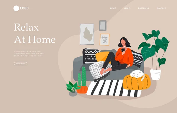 Landing page template with girl sitting and resting on the couch with a cat and coffee. Daily life and everyday routine scene by young woman in scandinavian style cozy. Cartoon vector — Stock Vector