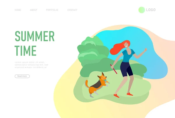 Landing page template for weather forecast. Various stylish girl with her dog character go outdoor on street in summer clothes. Summer hot sunny weather. Colored trendy — Stock vektor