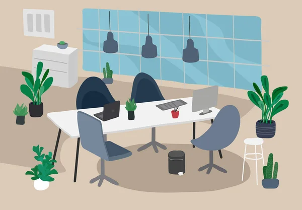 Büro mit Zimmerpflanzen Vektor Illustration. Coworking Workspace Innenarchitektur im nordischen oder skandinavischen Stil. Arbeitstische mit Rollstühlen. Laptops und Topfpflanzen — Stockvektor