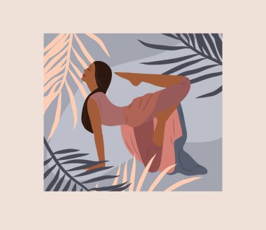Kadınsı bir kavram. Yoga pozları veren tatlı bir kız. Genç bir kadının yaşam tarzı. Kadınlık, güzellik ve akıl sağlığıyla moda illüstrasyonu. Vektör karikatürü