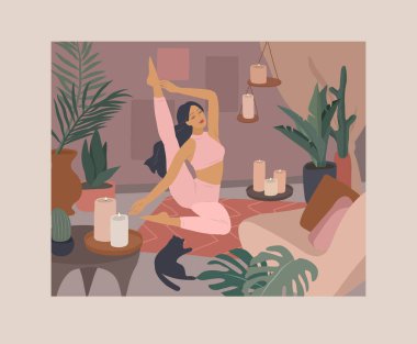 Yoga pozları veren tatlı bir kız. Ev bitkileriyle iç mekanlarda yaşayan genç bir kadının yaşam tarzı. Kadınlık, güzellik ve akıl sağlığıyla moda illüstrasyonu. Kadınsı çizgi film