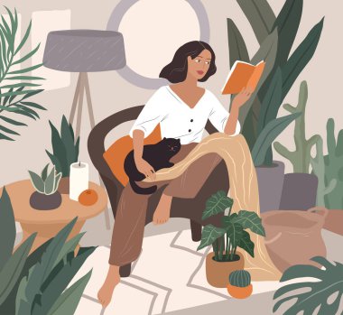 Tatlı kız kitap okuyor ve kedi ve kahveyle dinleniyor. Kadınsı Günlük Yaşam ve günlük rutin sahne: Evdeki genç kadın.
