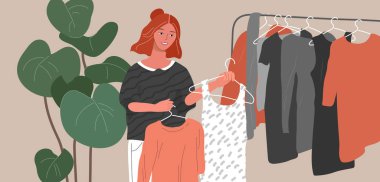 İskandinav iç mekanında moda stilisti bir kadın şık kıyafetler ya da kıyafetler yaratıyor. Çizgi film vektörü