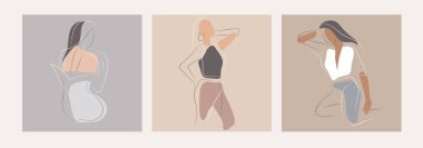 Kadınsı konsept tasarım şablonu ve çizimi. Dişilik, güzellik ve modern sanatla en az çizgisel tarzda moda illüstrasyonu yapan bir kadın. Soyut poster ve tişört baskısı