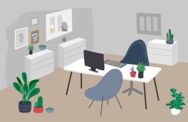 Ev bitkileri vektör illüstrasyonlu ofis. Ortak çalışma alanı iç tasarımı İskandinav tarzı veya İskandinav tarzı. Yuvarlanan sandalyeli işçi masaları. Laptoplar ve saksılar